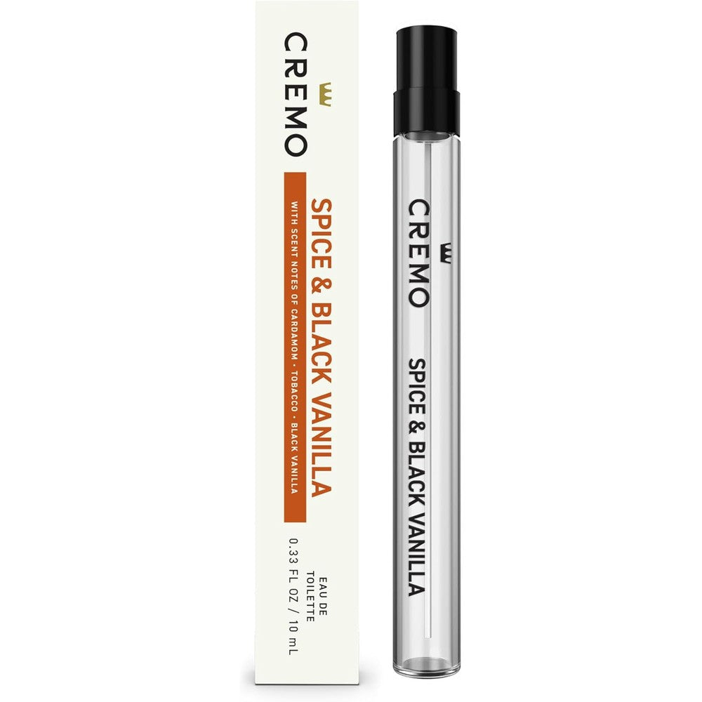 Cremo Spice and Black Vanilla travel spray cologne front view