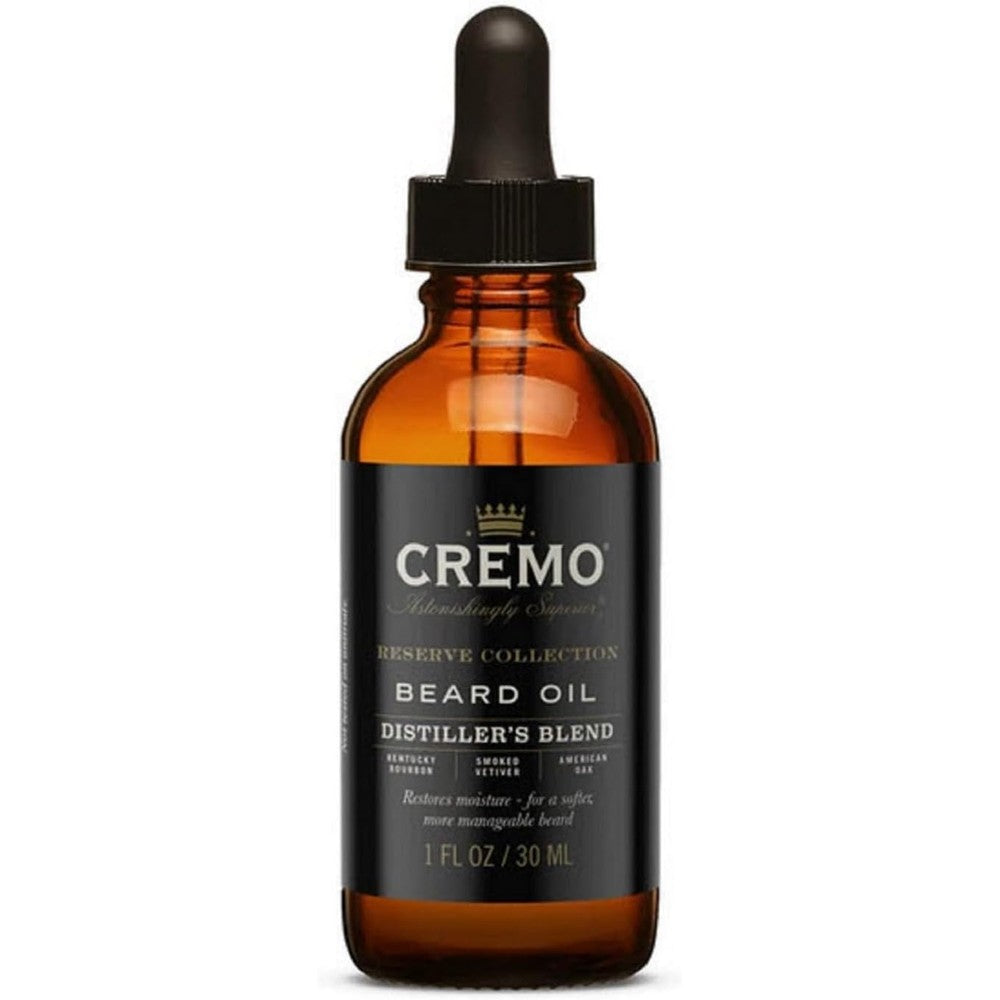 Cremo Reserve Collection Distillers Blend Beard Oil front bottle view for premium men grooming