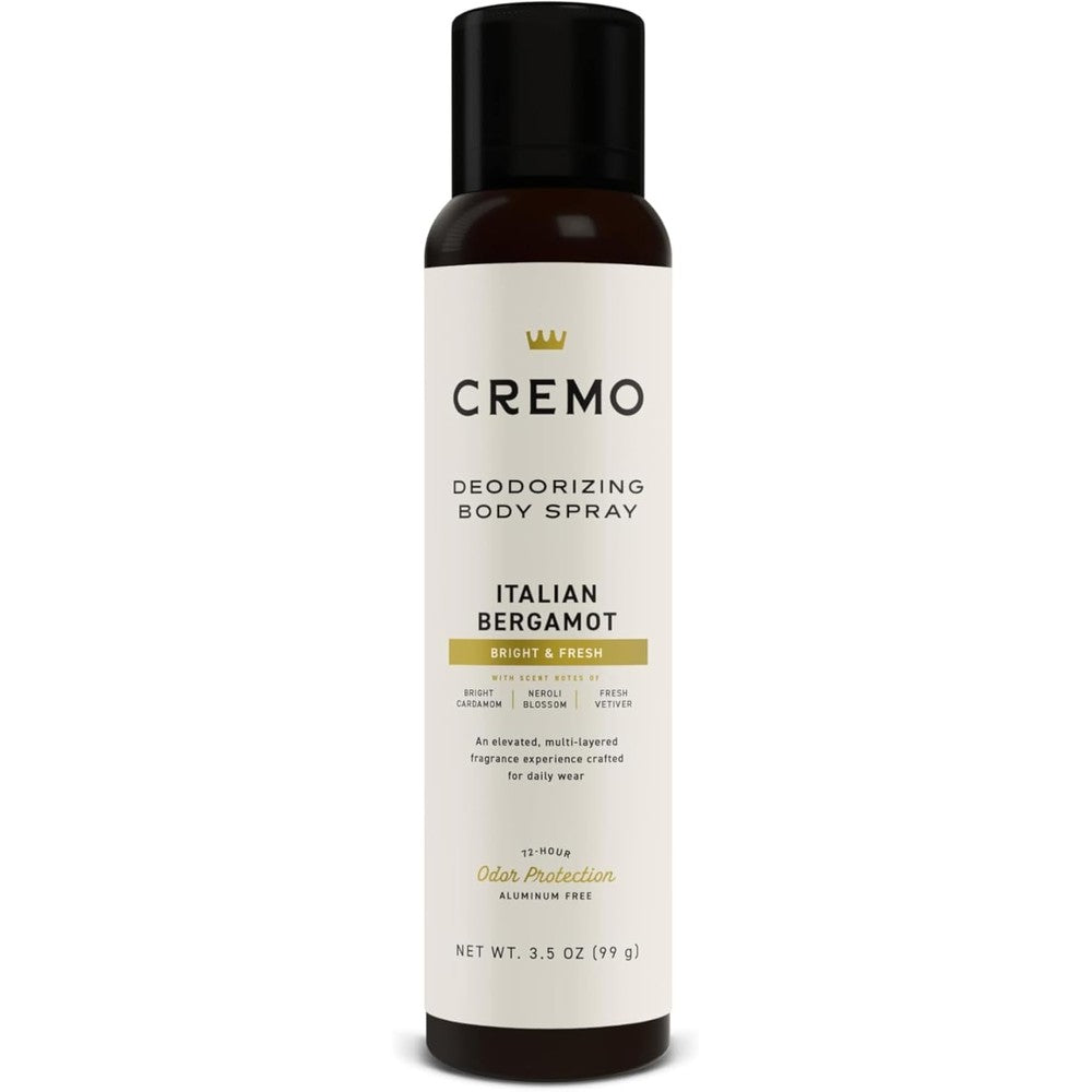 Cremo Italian Bergamot Deodorizing Body Spray front view premium men fragrance bottle