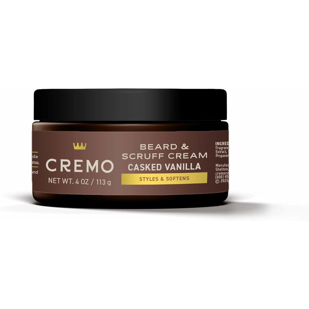 Cremo Beard and Scruff Cream Casked Vanilla front view styling container