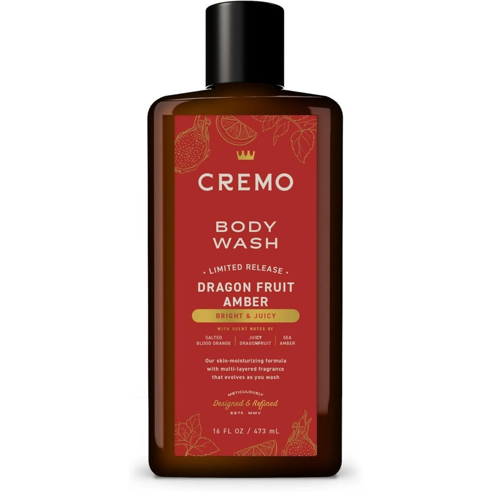 Cremo Dragon Fruit Amber Men Body Wash front bottle view showing the 16 Fluid Ounce packaging