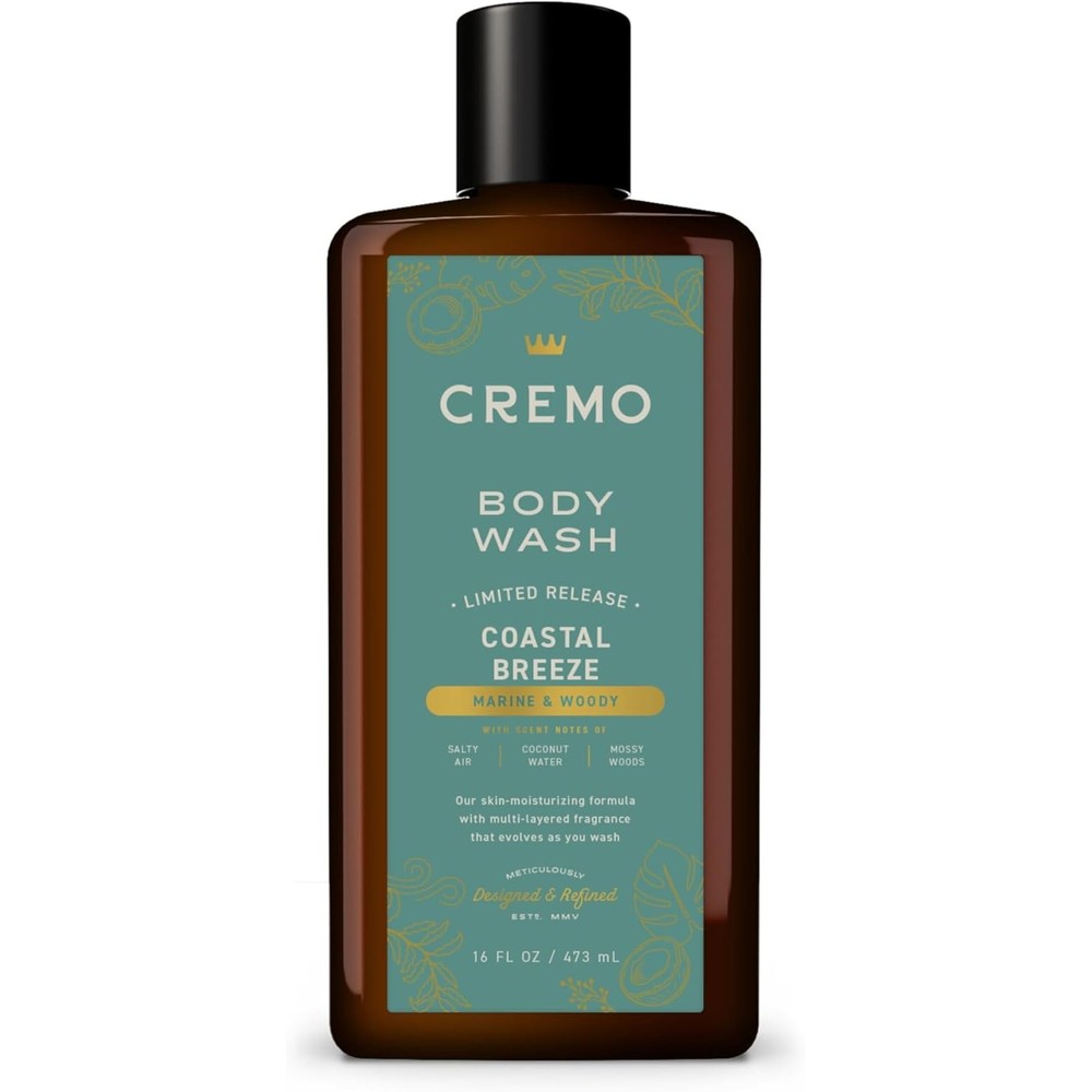 Cremo Coastal Breeze Body Wash front view showing the sixteen fluid ounce bottle