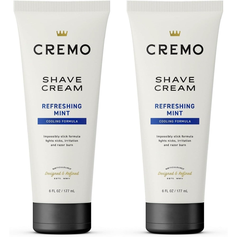 Cremo Barber Grade Cooling Shave Cream front view of two pack tubes for premium mens grooming