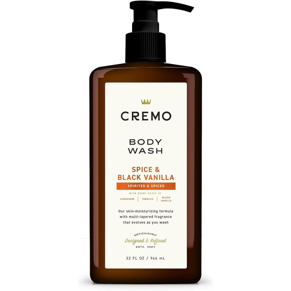 Cremo Spice and Black Vanilla Body Wash front view thirty two fluid ounce bottle