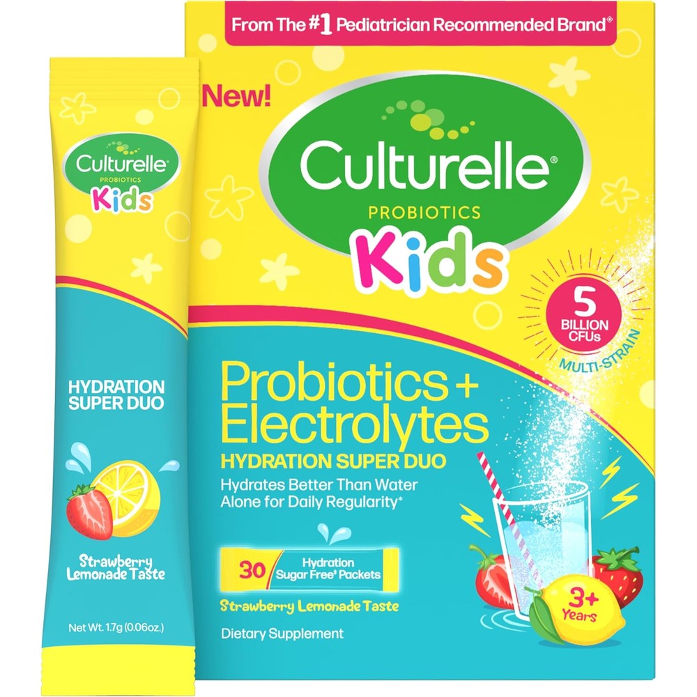Culturelle(R) Kids Probiotics and Electrolytes Hydration Super Duo, Strawberry Lemonade, Sugar Free Powder Packets for Immune and Digestive Support, 30 Count