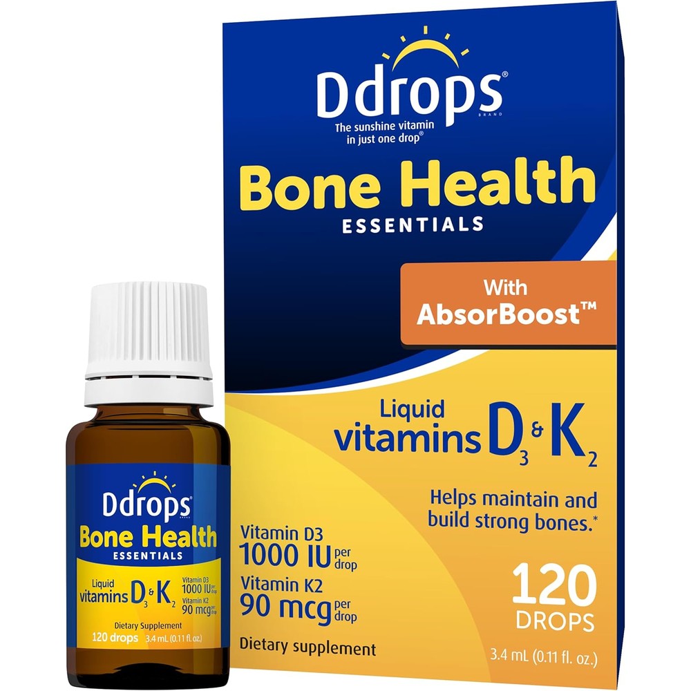 Ddrops Adult Bone Health Vitamin D3 and K2 liquid bottle front view for premium health supplementation.
