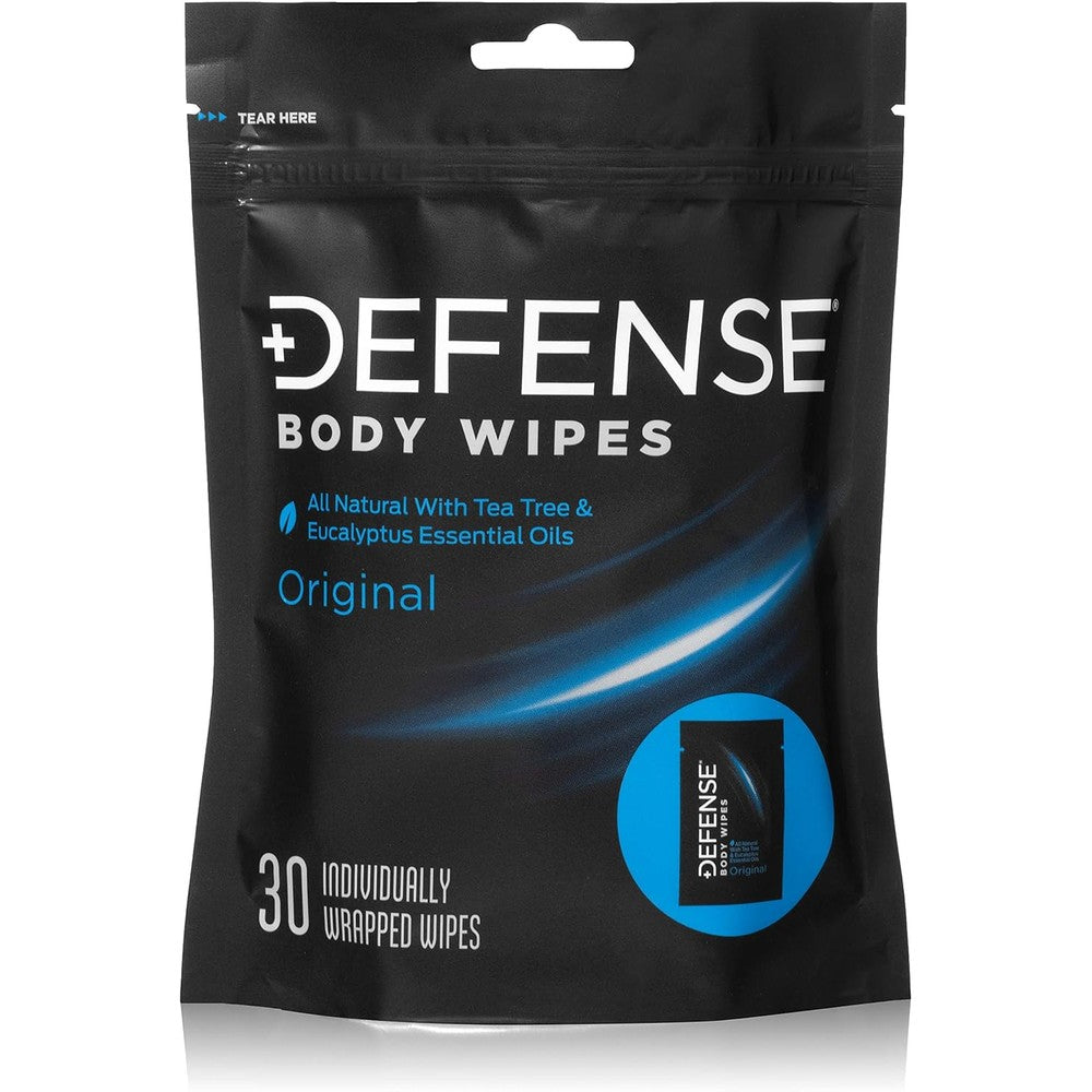 Defense Soap Body Wipes 30 count front packaging view showing tea tree oil ingredients