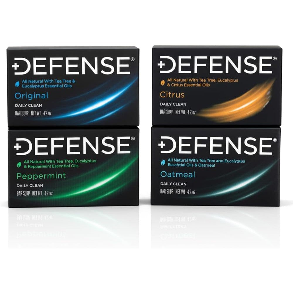 Defense Soap Tea Tree Bar Soap Variety Pack front view showing four distinct natural soap bars