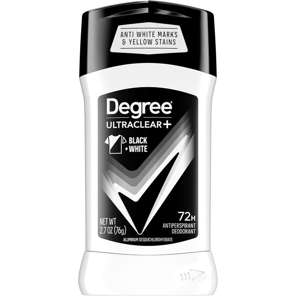 Degree Men UltraClear Black and White Antiperspirant Deodorant Stick Fresh Scent front view showcasing premium anti-stain packaging.