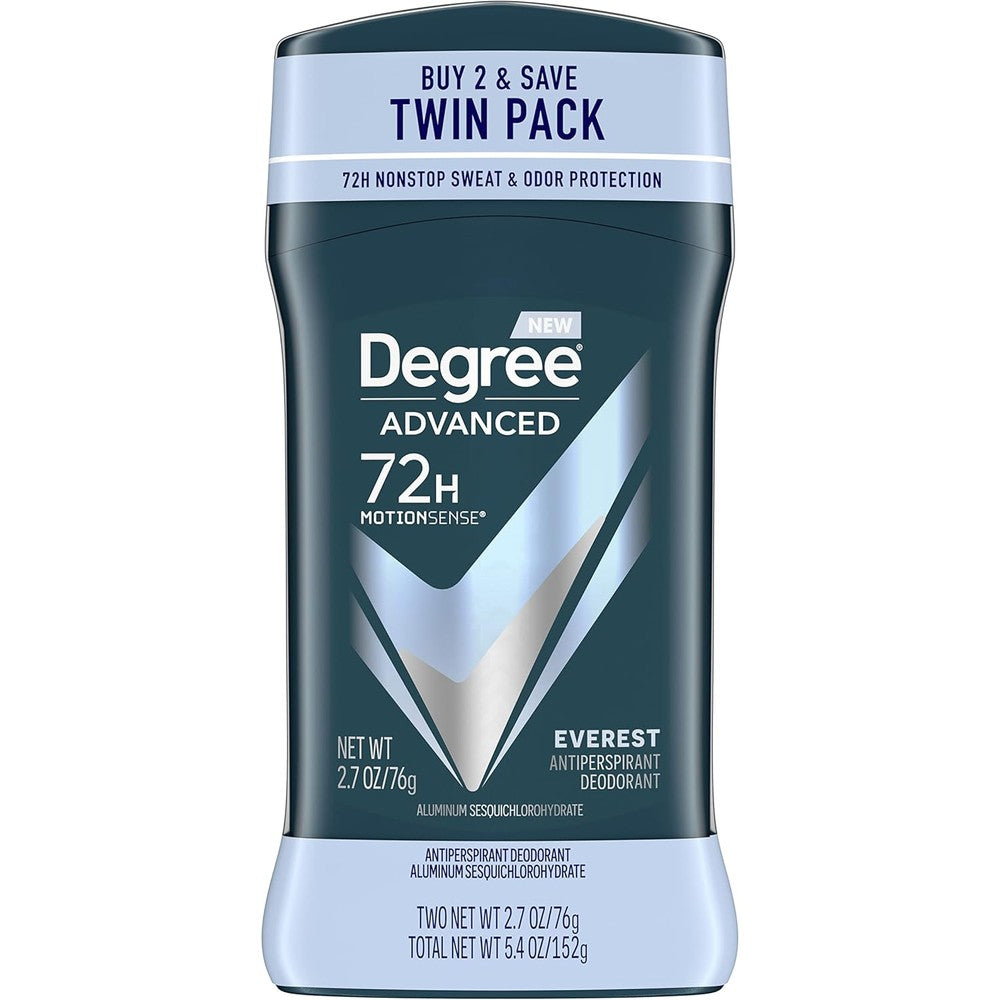 Degree Men Advanced Antiperspirant Deodorant Everest Twin Pack front view showing 72-hour protection packaging.
