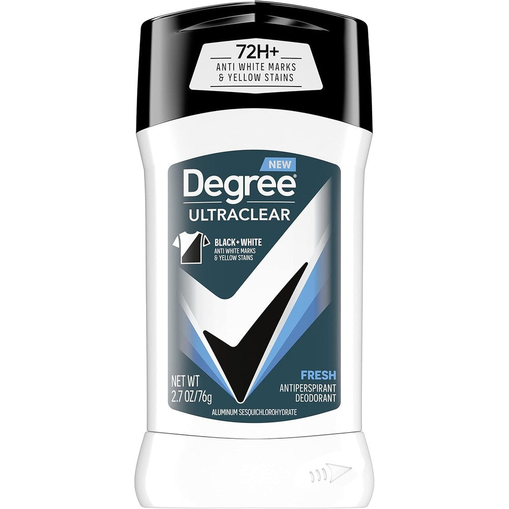 Degree Men UltraClear Black and White Fresh antiperspirant stick front view showing 72 hour protection
