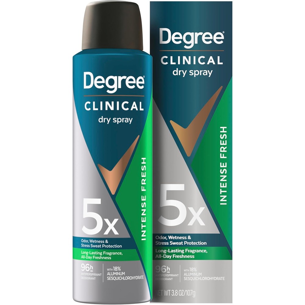 Degree Clinical Strength Intense Fresh Dry Spray front view showing 96 hour protection packaging.