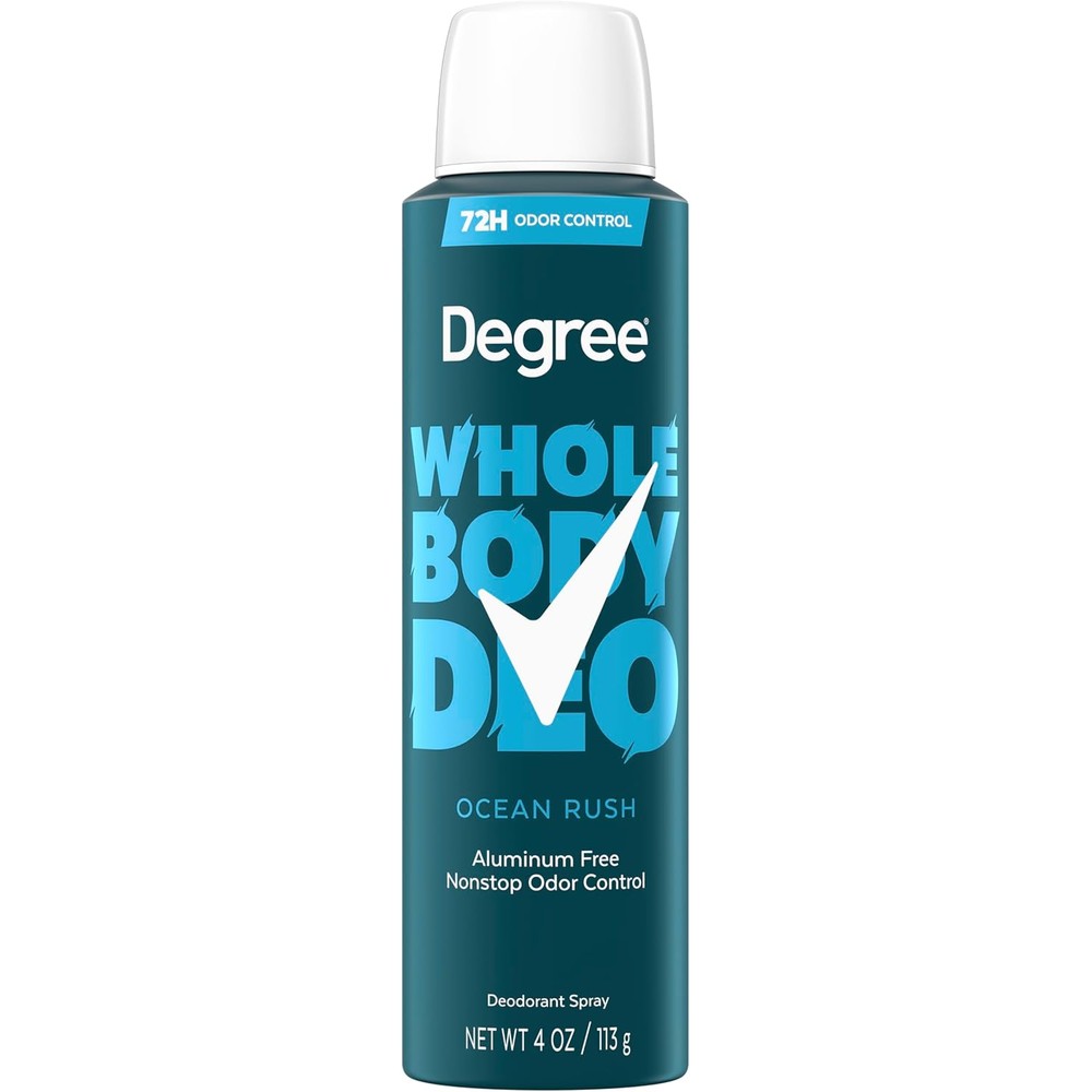 Degree Men Whole Body Deodorant Spray Ocean Rush front view showing seventy two hour protection label