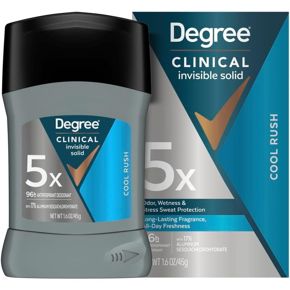Degree Clinical Strength Antiperspirant Deodorant Cool Rush front view packaging.