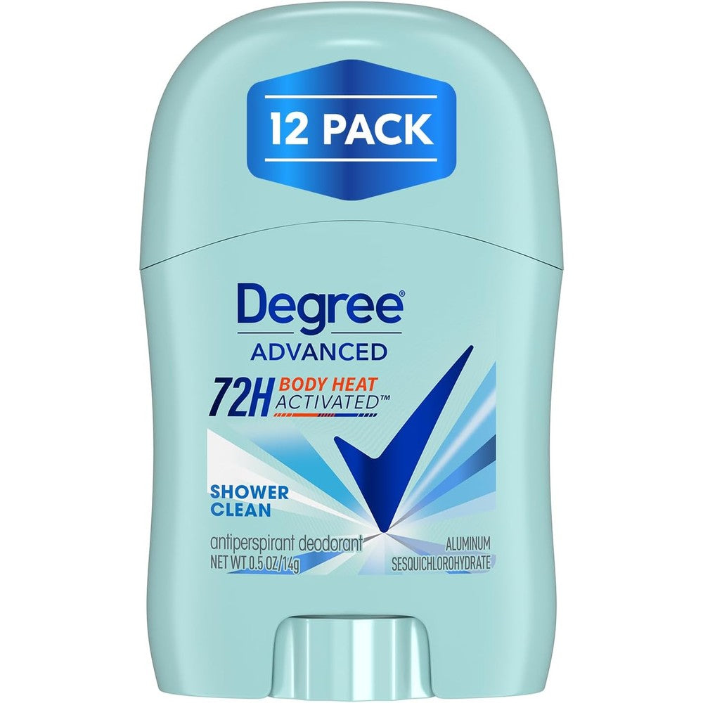 Degree Women Advanced Shower Clean Antiperspirant Deodorant twelve pack front view showing premium packaging.