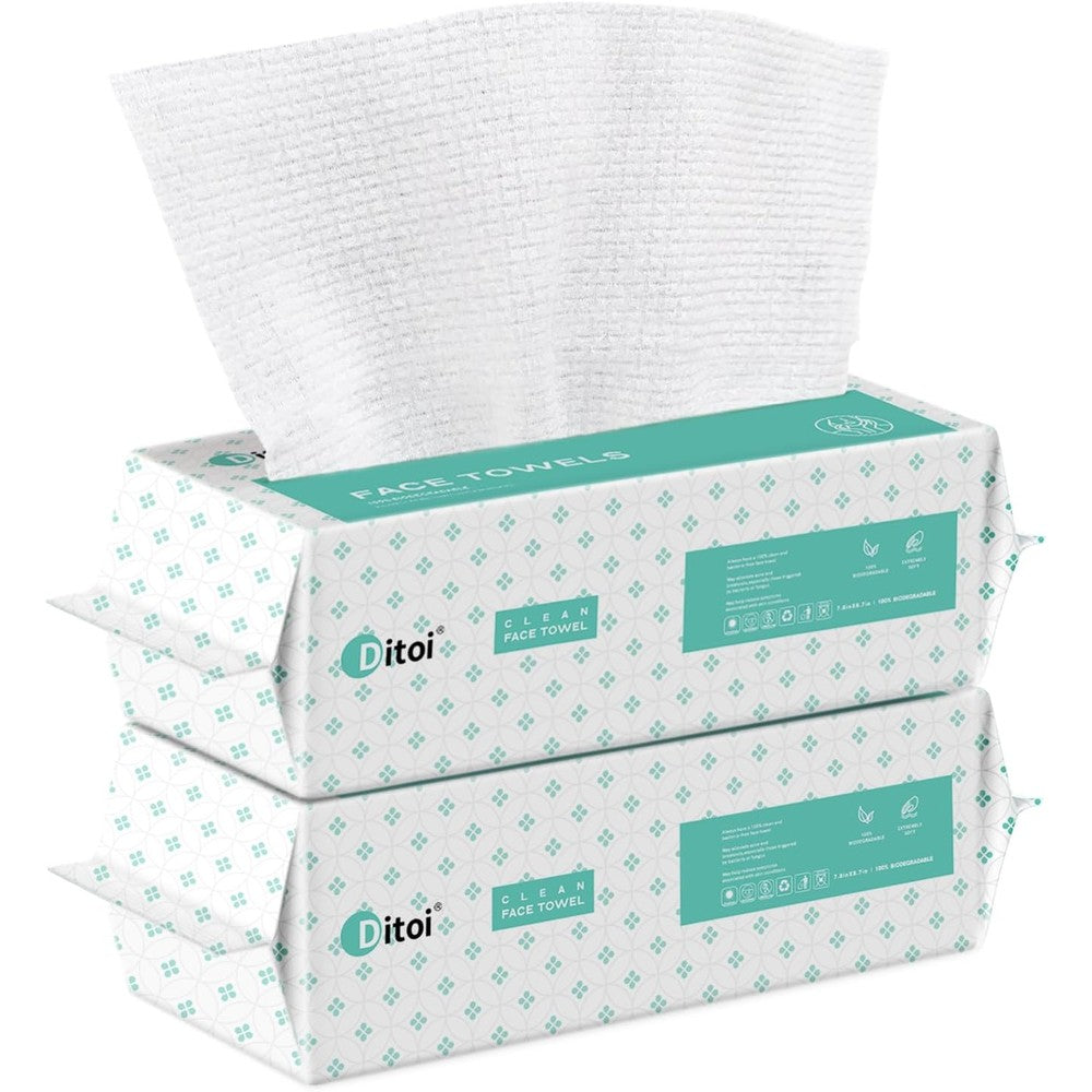 Ditoi Disposable Face Towels front view of product packaging showcasing 120 count facial dry wipes