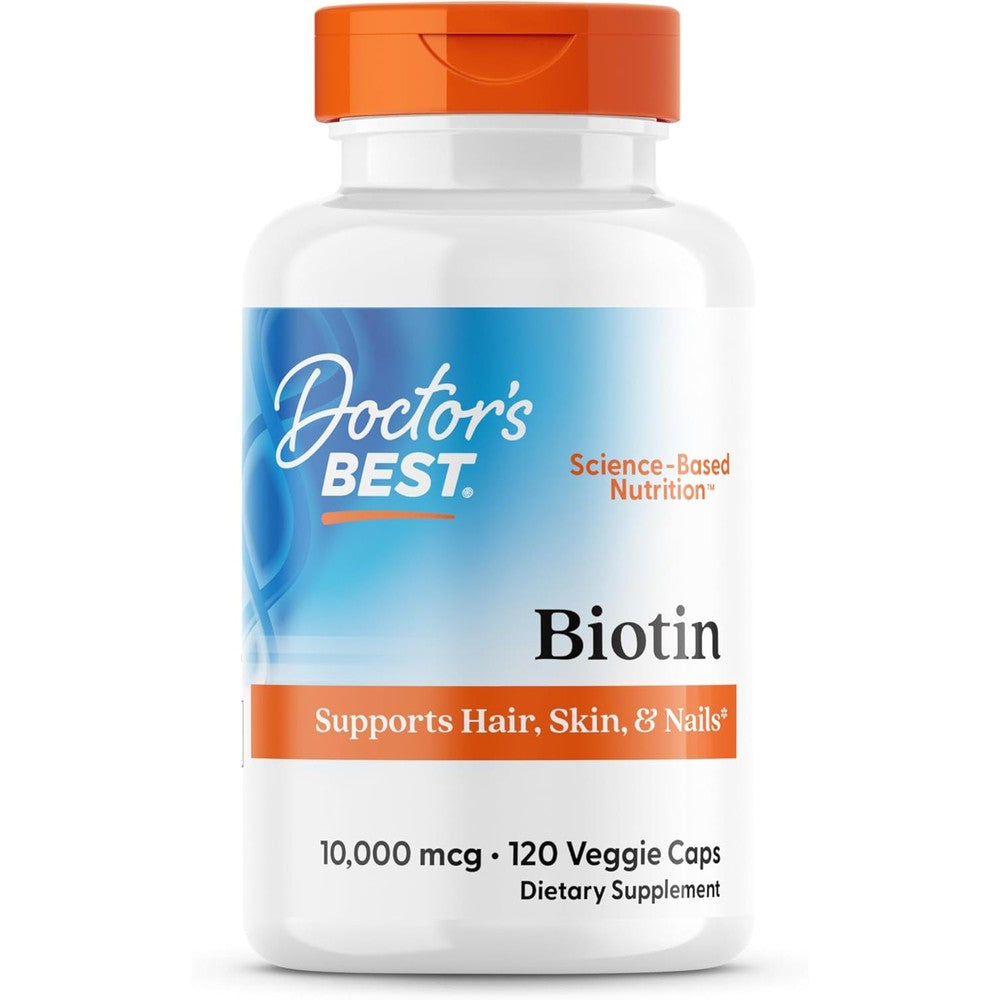 Doctors Best Biotin 10000 mcg 120 vegetarian capsules front view showing the product label for hair growth support.