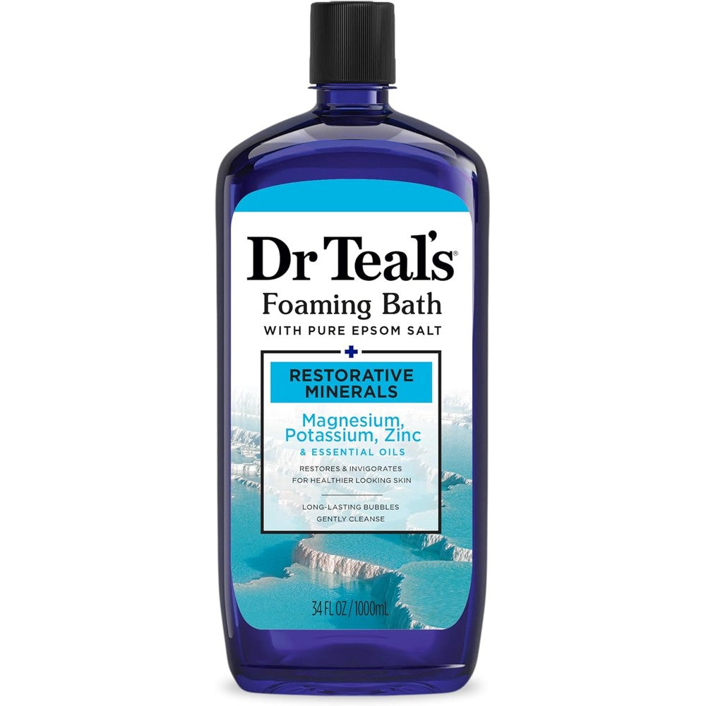Dr Teal's Restorative Minerals Epsom salt soak and foaming bath front view packaging for muscle recovery.