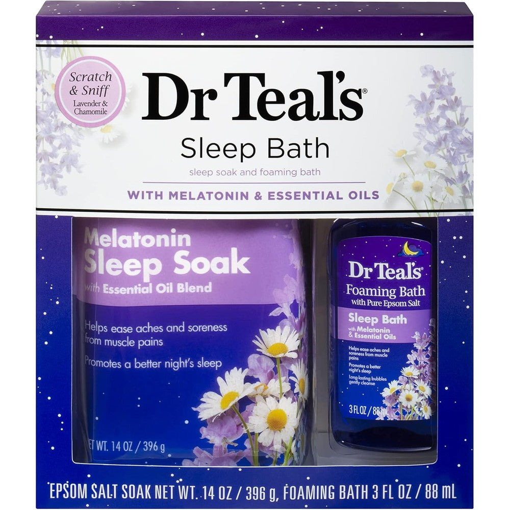 Dr Teal's Melatonin Sleep Soak Epsom Salt and Foaming Bath Gift Set front view showcasing packaging for nighttime relaxation.