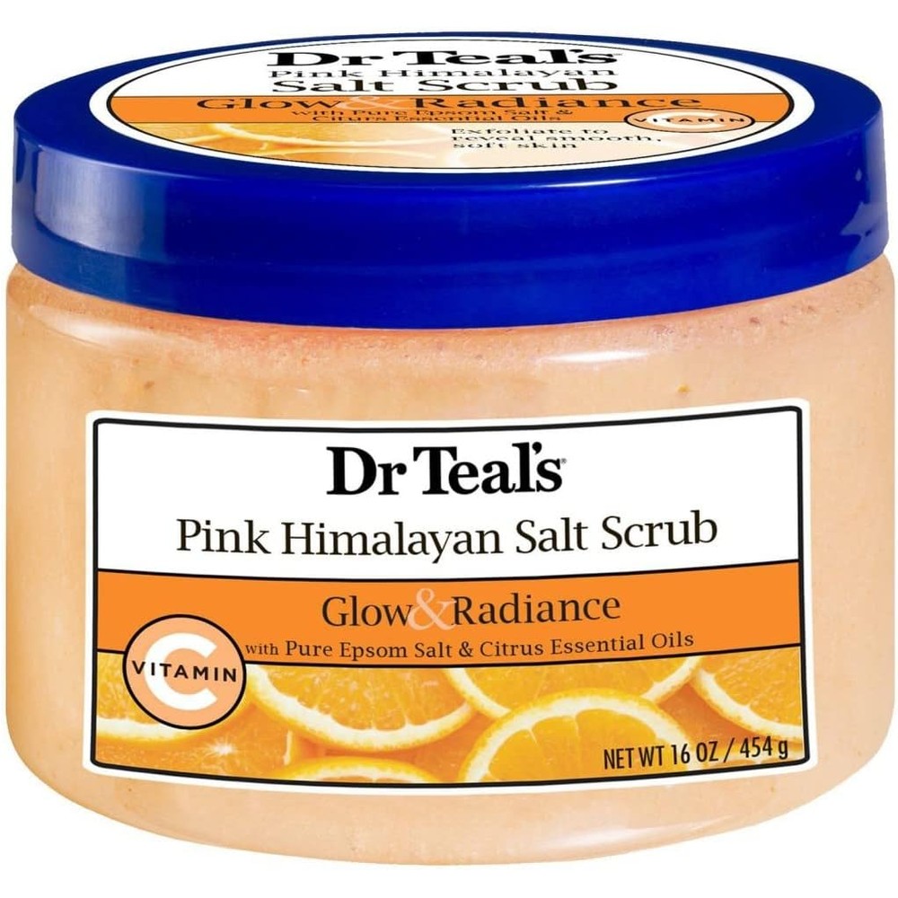 Dr Teal's Pink Himalayan Glow And Radiance Salt Scrub 16 Ounce Jar front view showing packaging and citrus branding.