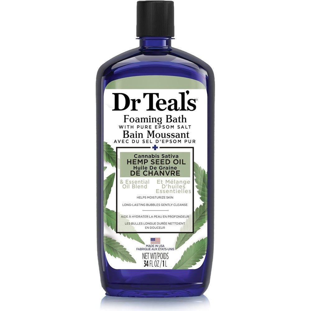 Dr Teal's Cannabis Sativa Hemp Seed Oil Foaming Bath front view bottle for muscle relaxation.