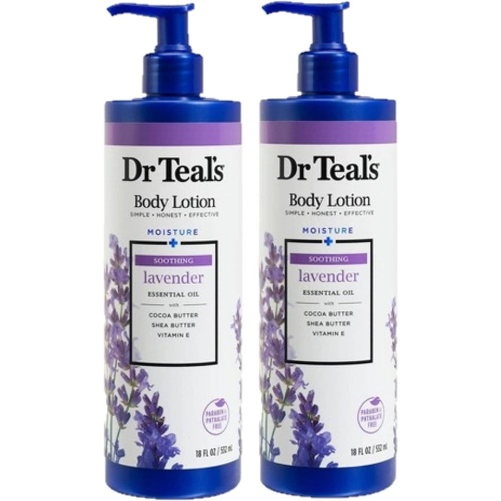 Dr. Teal's Moisture Plus Soothing Lavender Body Lotion twin pack front view showcasing authentic USA imported packaging with pump dispensers.
