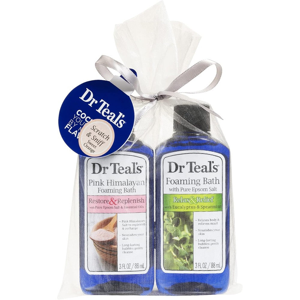 Dr Teal's Foaming Bath Holiday Gift Combo Pack front view showing the two therapy bottles.