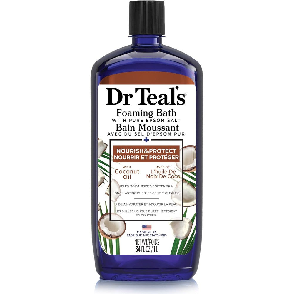 Dr Teal's Coconut Oil Foaming Bath front view bottle for muscle relaxation