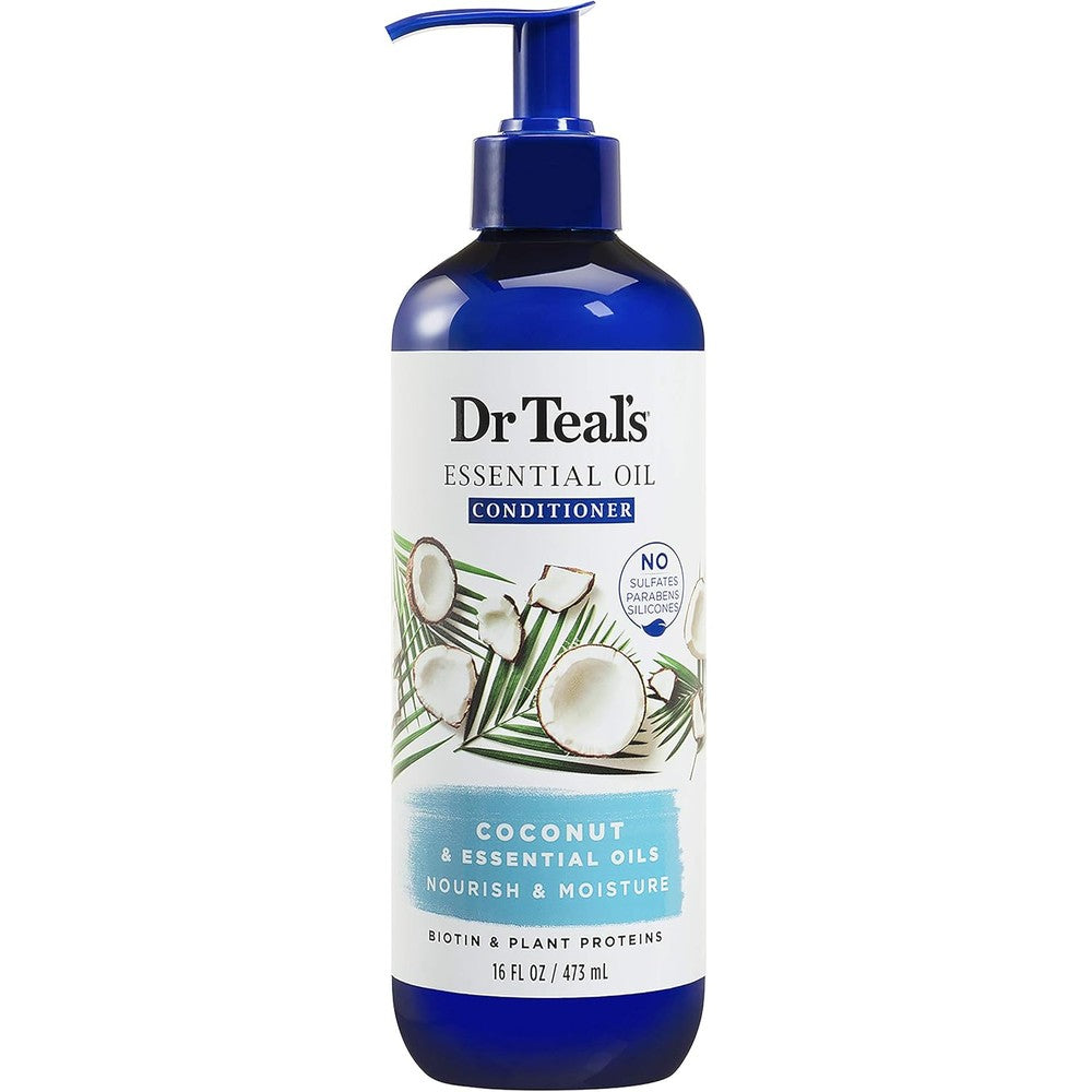 Dr Teal's Coconut Nourish and Moisture Essential Oil Conditioner front view bottle for dry hair care