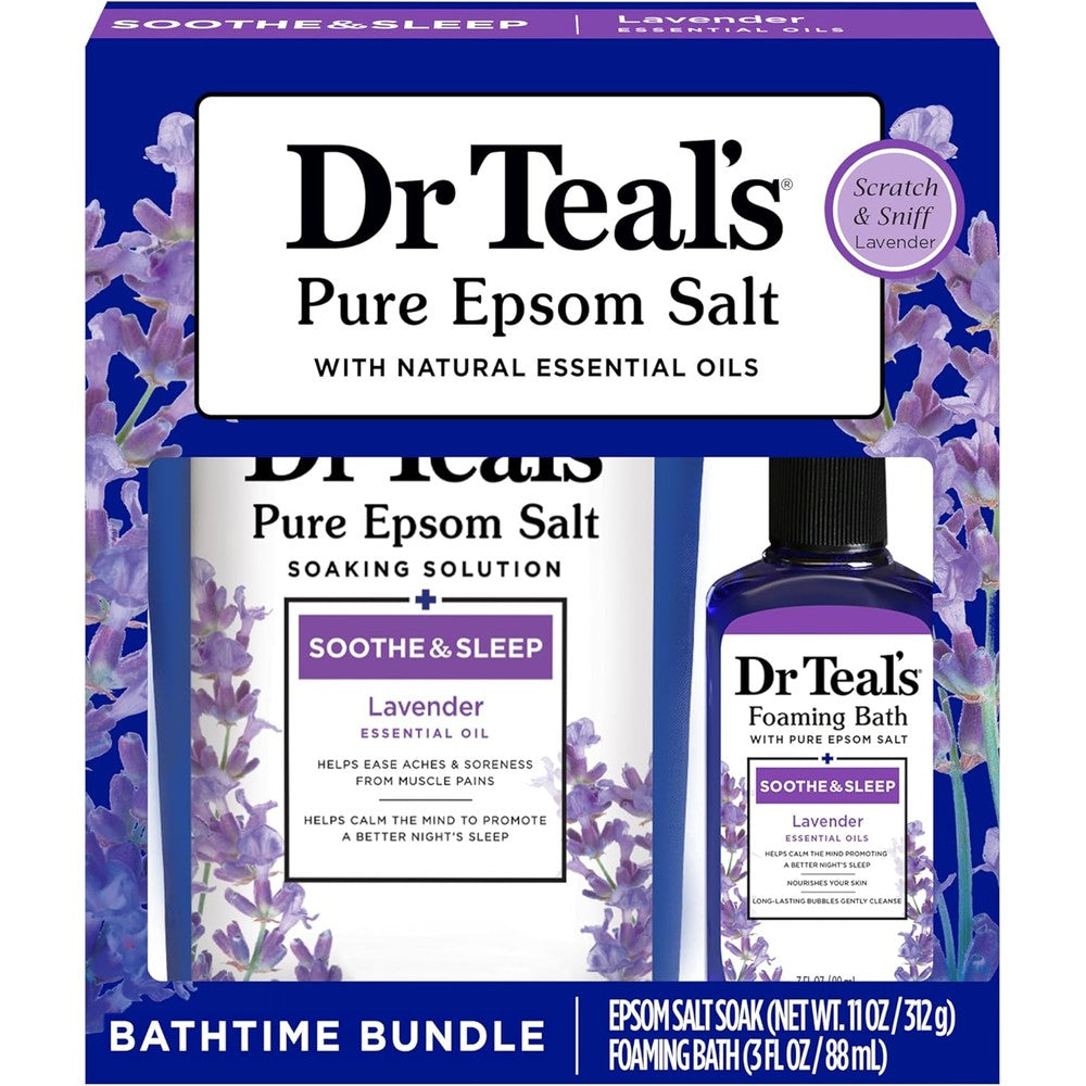Dr Teal's Lavender Essential Oil Epsom Salt and Foaming Bath Sampler Set front view showing the packaging