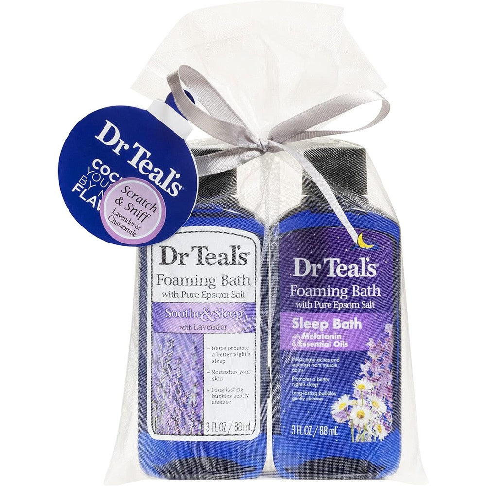 Dr Teal's Foaming Bath Holiday Gift Combo Pack front view displaying the lavender and melatonin travel bottles