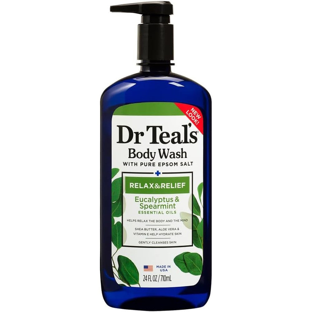 Dr Teal's Eucalyptus and Spearmint Body Wash front view for therapeutic shower routine.