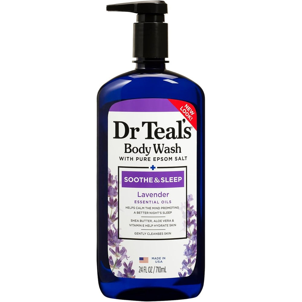 Dr Teal's Pure Epsom Salt Body Wash Lavender 24 Ounce bottle front view showing product labels.