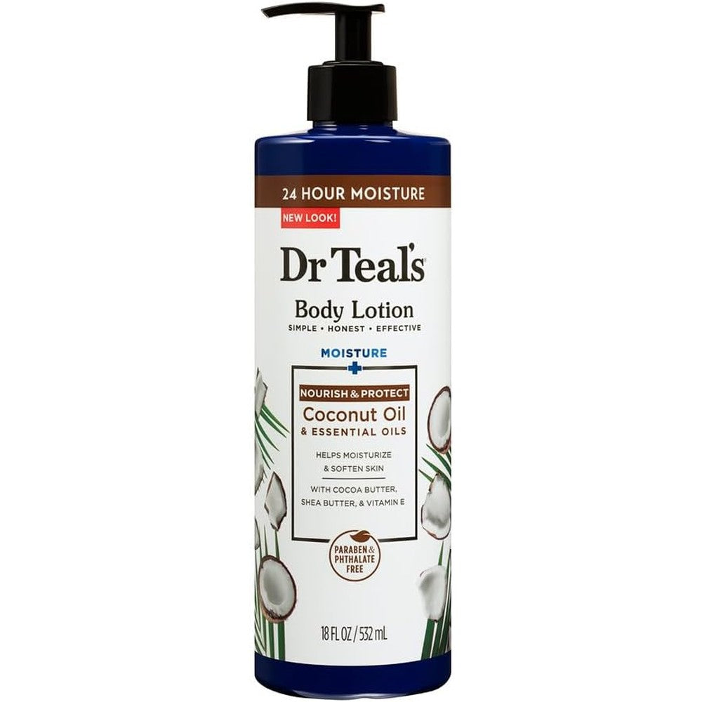 Dr Teal's Coconut Oil Body Lotion front view showing the packaging and product details for dry skin hydration.