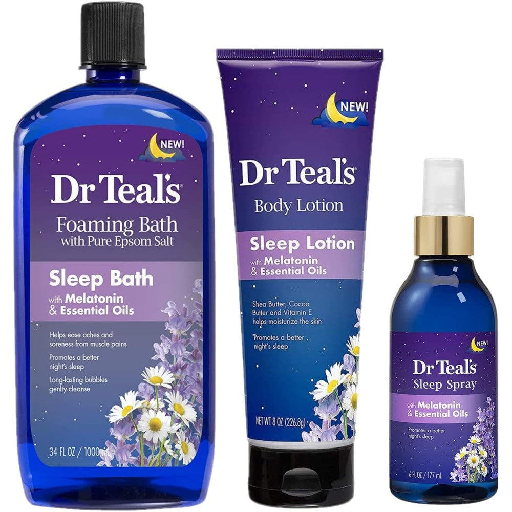 Dr Teal's Melatonin Sleep Bath Gift Set front view showcasing the foaming bath lotion and sleep spray packaging.