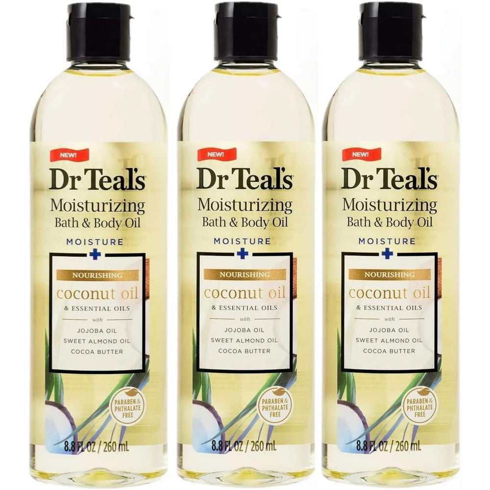 Dr Teal's Moisturizing Bath and Body Oil Coconut three pack front view for skin hydration.
