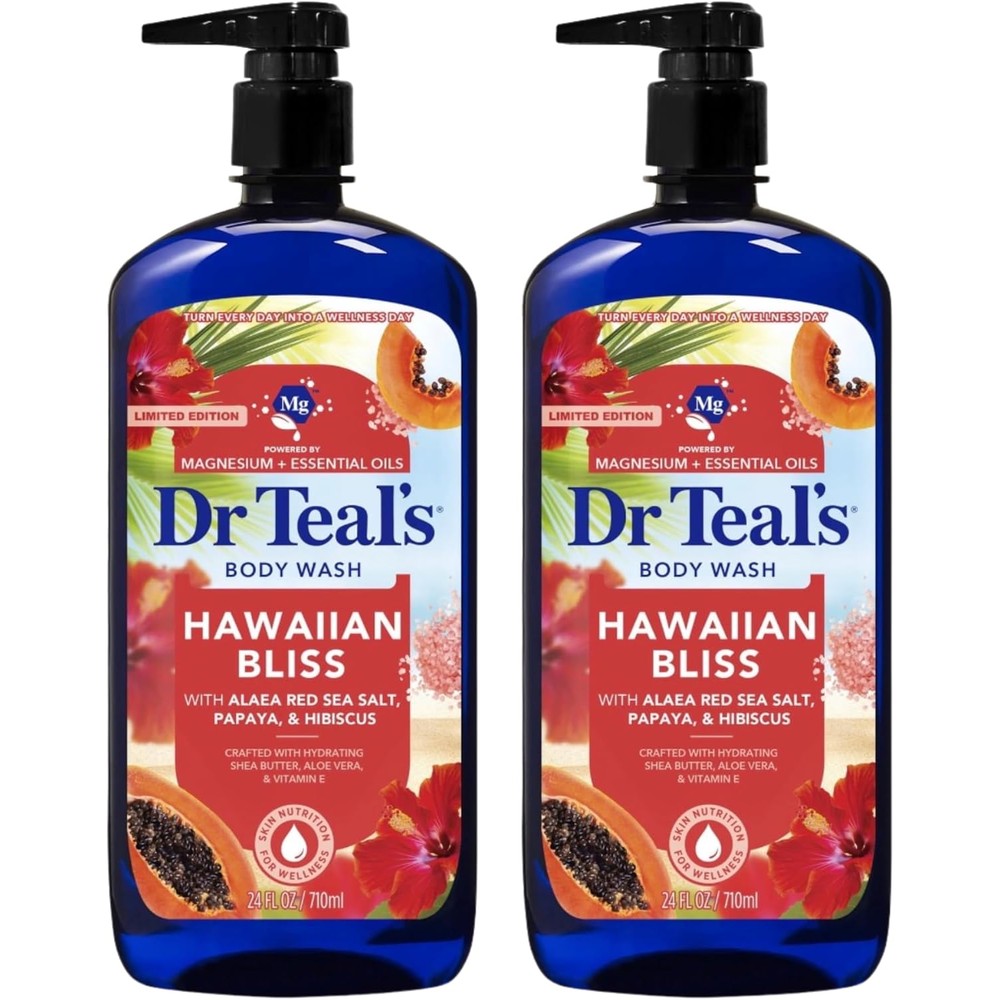 Dr Teal's Hawaiian Bliss Body Wash front view of the two pack bottles