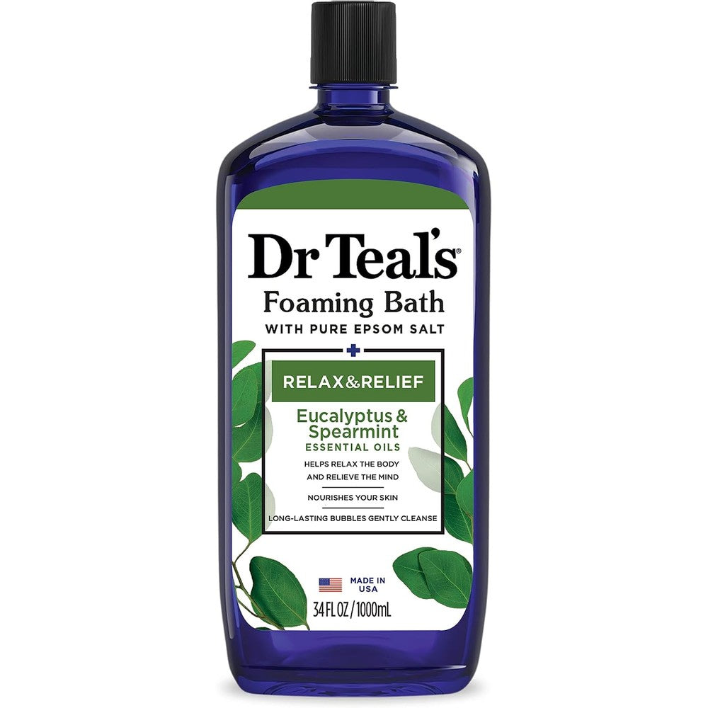 Dr Teal's Foaming Bath Eucalyptus and Spearmint bottle front view for luxury bubble bath