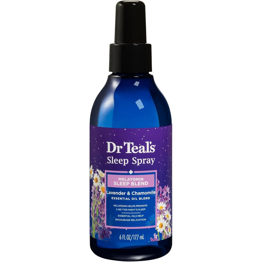 Dr Teal's Sleep Spray with Melatonin 6 fluid ounce front view bottle showcasing the nighttime therapy lavender and chamomile formula.