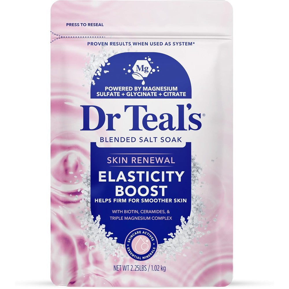 Dr Teal's Skin Renewal Elasticity Boost Blended Salt Soak front view packaging for firming bath ritual