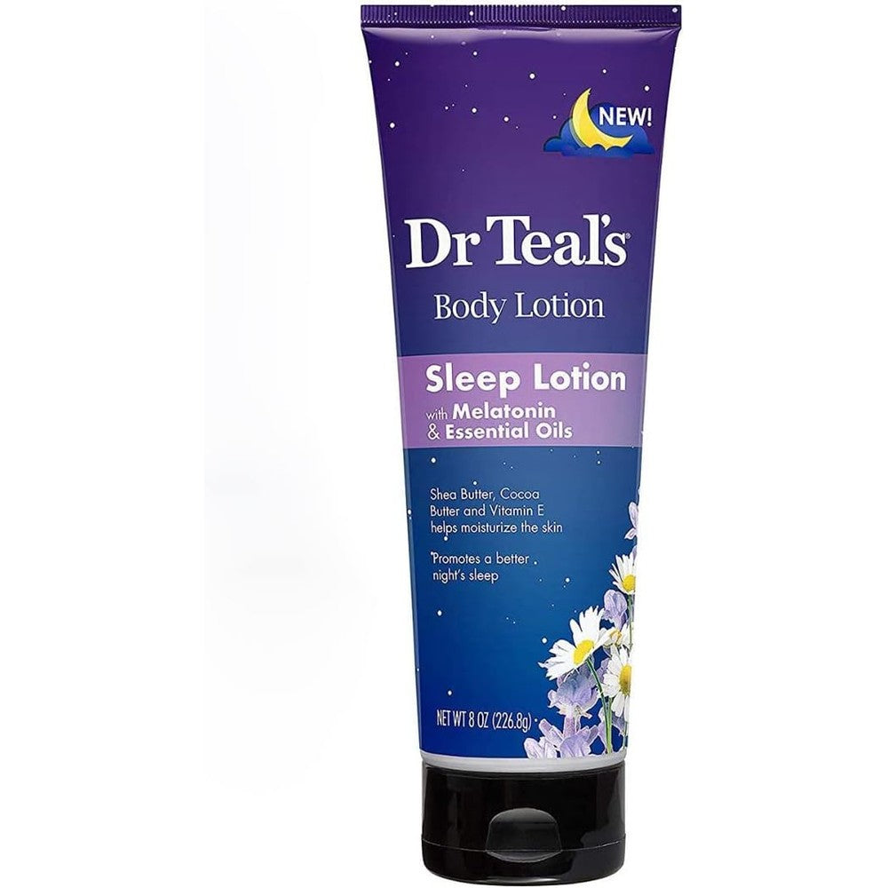 Dr. Teal's Nighttime Therapy Body Lotion with Melatonin 8 ounce front view showcasing authentic USA imported sleep lotion packaging.
