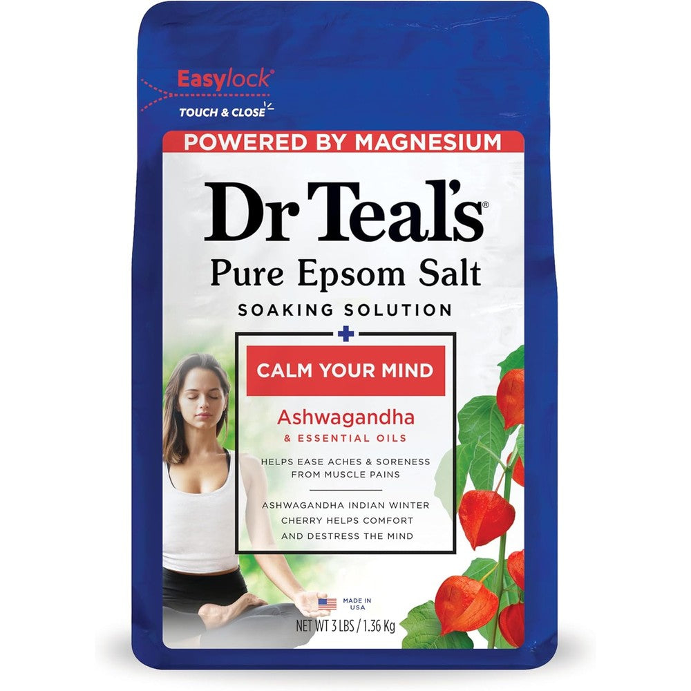 Dr Teal's Ashwagandha Epsom Salt Magnesium Soak front view packaging for stress relief