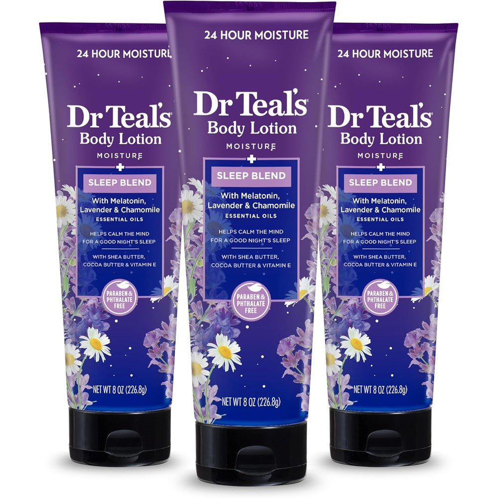 Dr Teal's Sleep Body Lotion three pack front view showing melatonin and lavender ingredients.