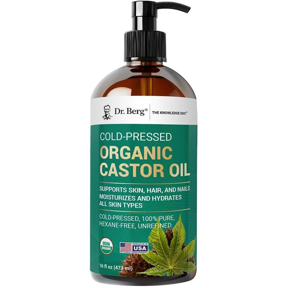 Dr. Berg Organic Castor Oil front view bottle of cold pressed hair and skin moisturizer