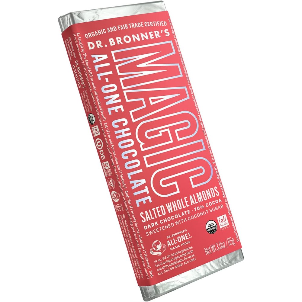 Dr. Bronner's Magic All-One Chocolate Salted Whole Almonds Bar front view packaging
