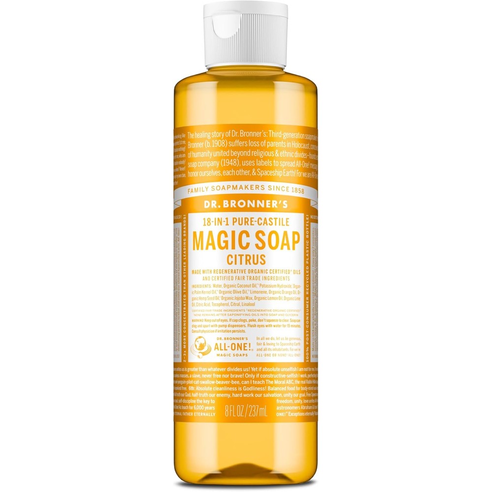 Dr. Bronner's Pure-Castile Magic Soap Liquid Citrus 8 Ounce front view bottle showcasing organic product labels