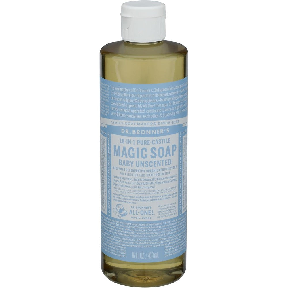 Dr. Bronner's Baby Unscented Pure Castile Liquid Soap front view bottle on plain background