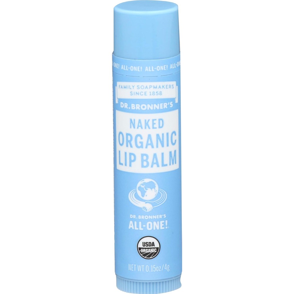 Dr. Bronner's Organic Naked Lip Balm front view packaging for dry lip care.