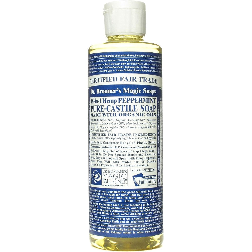 Dr. Bronner's Peppermint Pure Castile Liquid Soap three pack front view authentic imported packaging