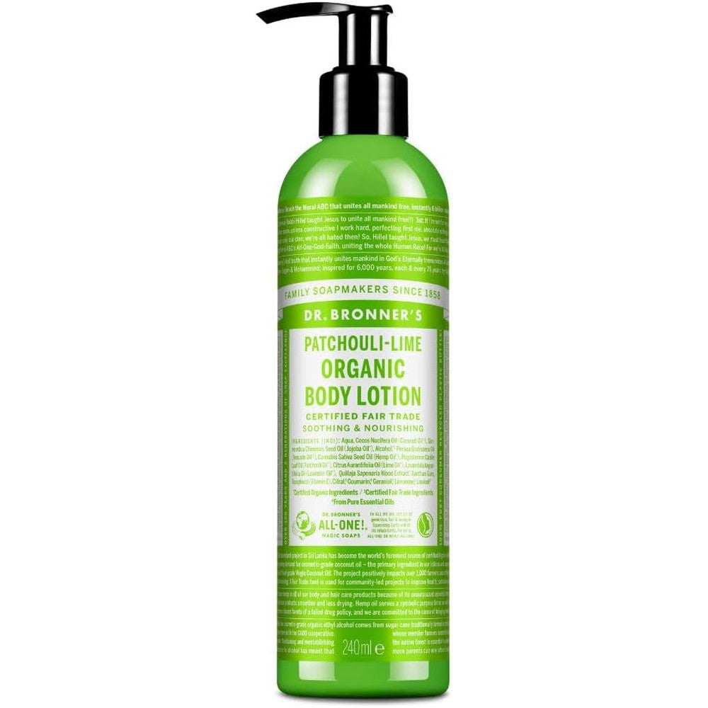 Dr Bronners Organic Patchouli Lime Hand and Body Lotion front view premium moisturizing pump bottle
